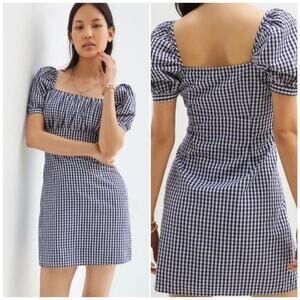 Anthropologie Forever That Girl Dress Women L Blue Gingham Mini Cottage Milkmaid